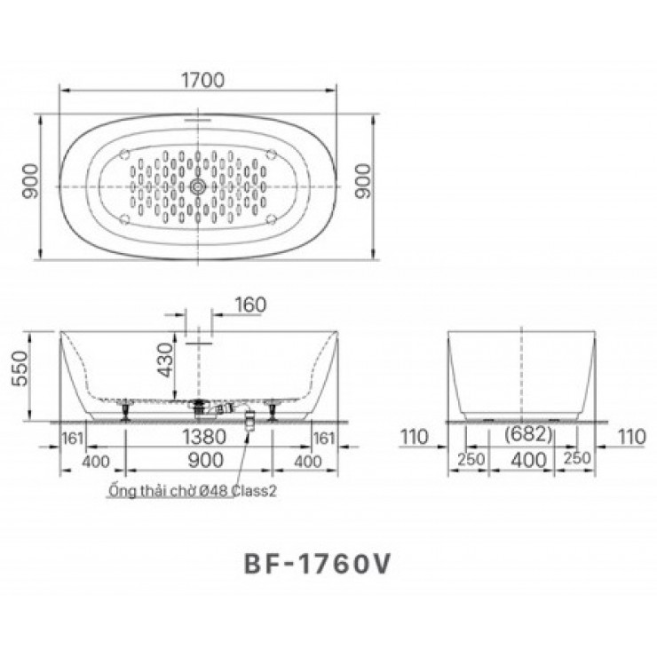 Bản vẽ bồn tắm nằm đặt sàn Inax BF1760 V